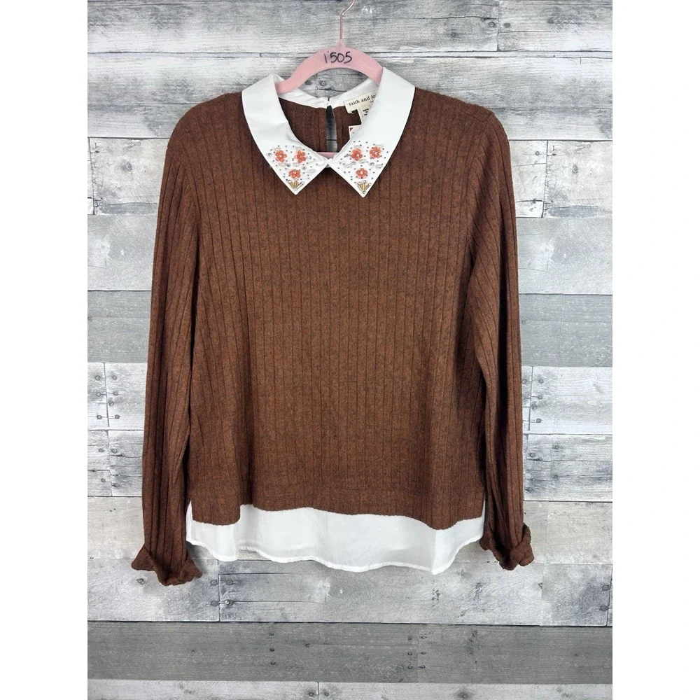Faith And Joy Women's Large Gemmed Collared Long Sleeve Sweater